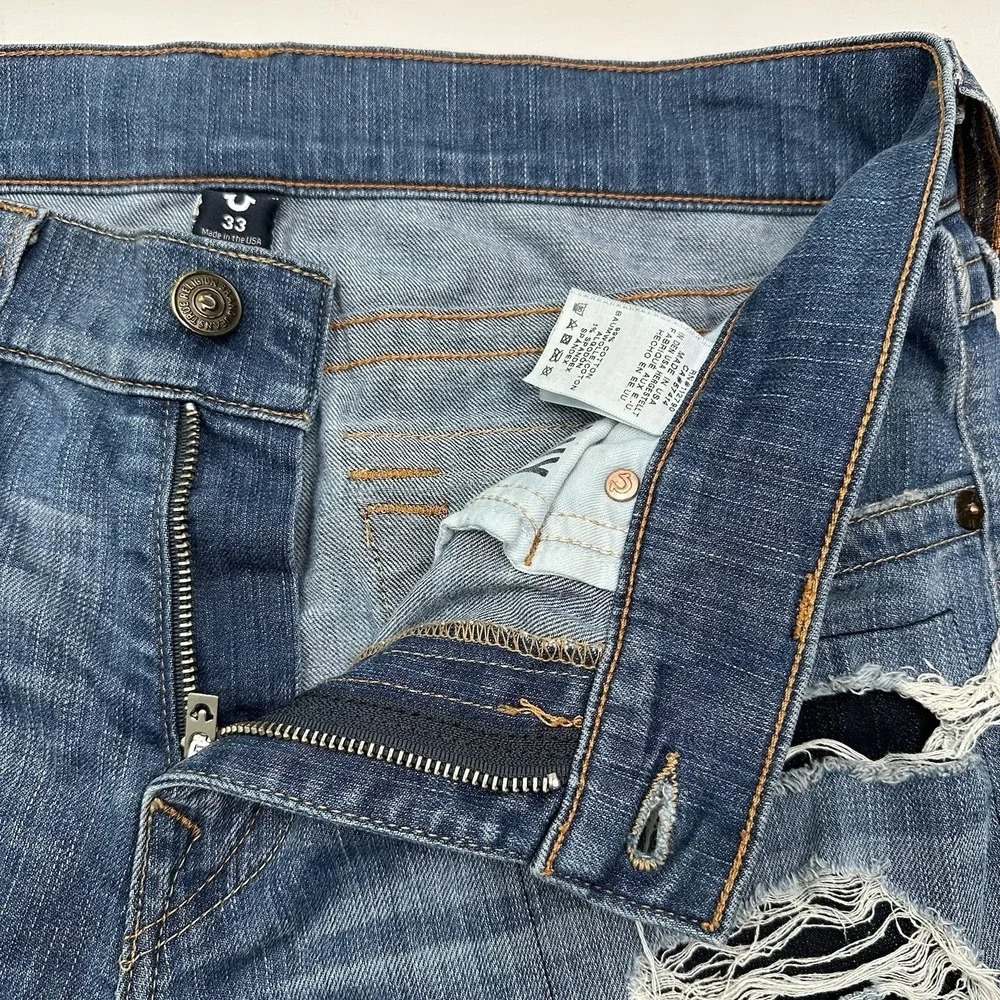 True Religion Geno Flap Relaxed Slim Jeans Mens 33x34 Distressed Blue Stretch